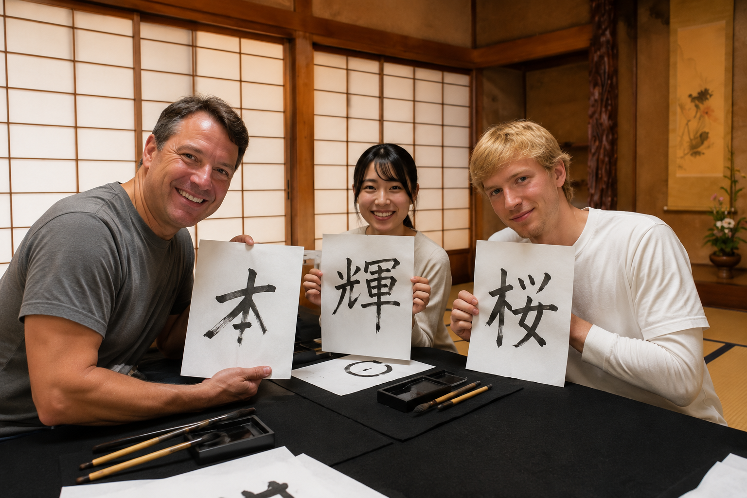 Guests smiling with their finished calligraphy artwork