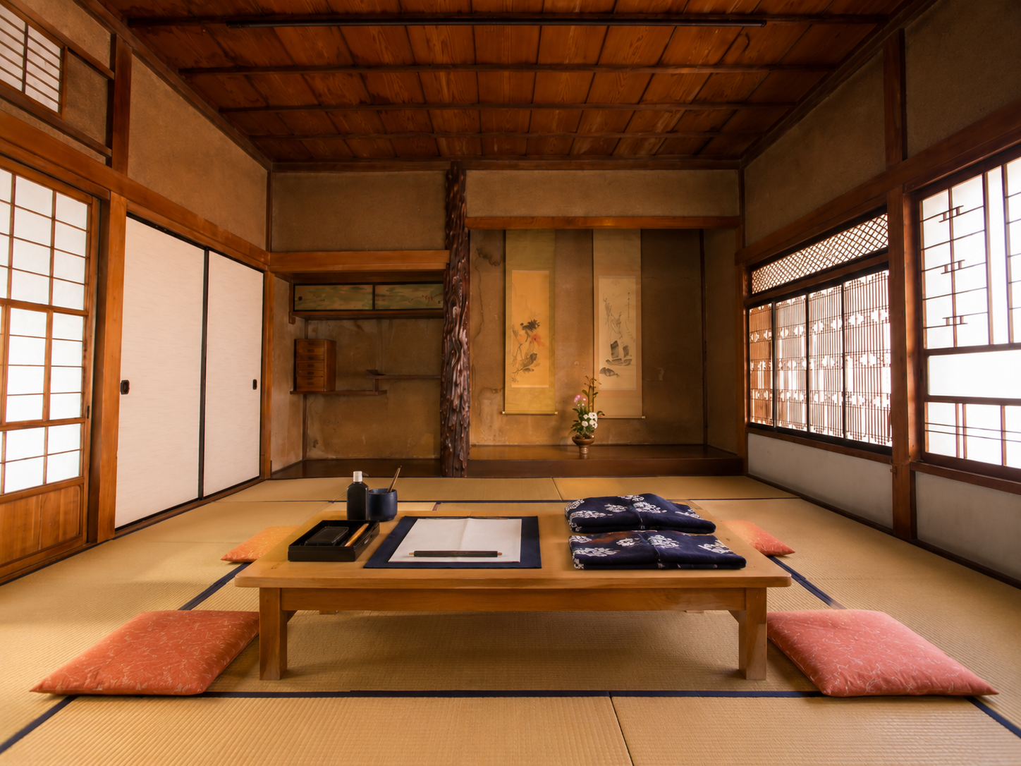 Private tatami cafe room prepared for calligraphy